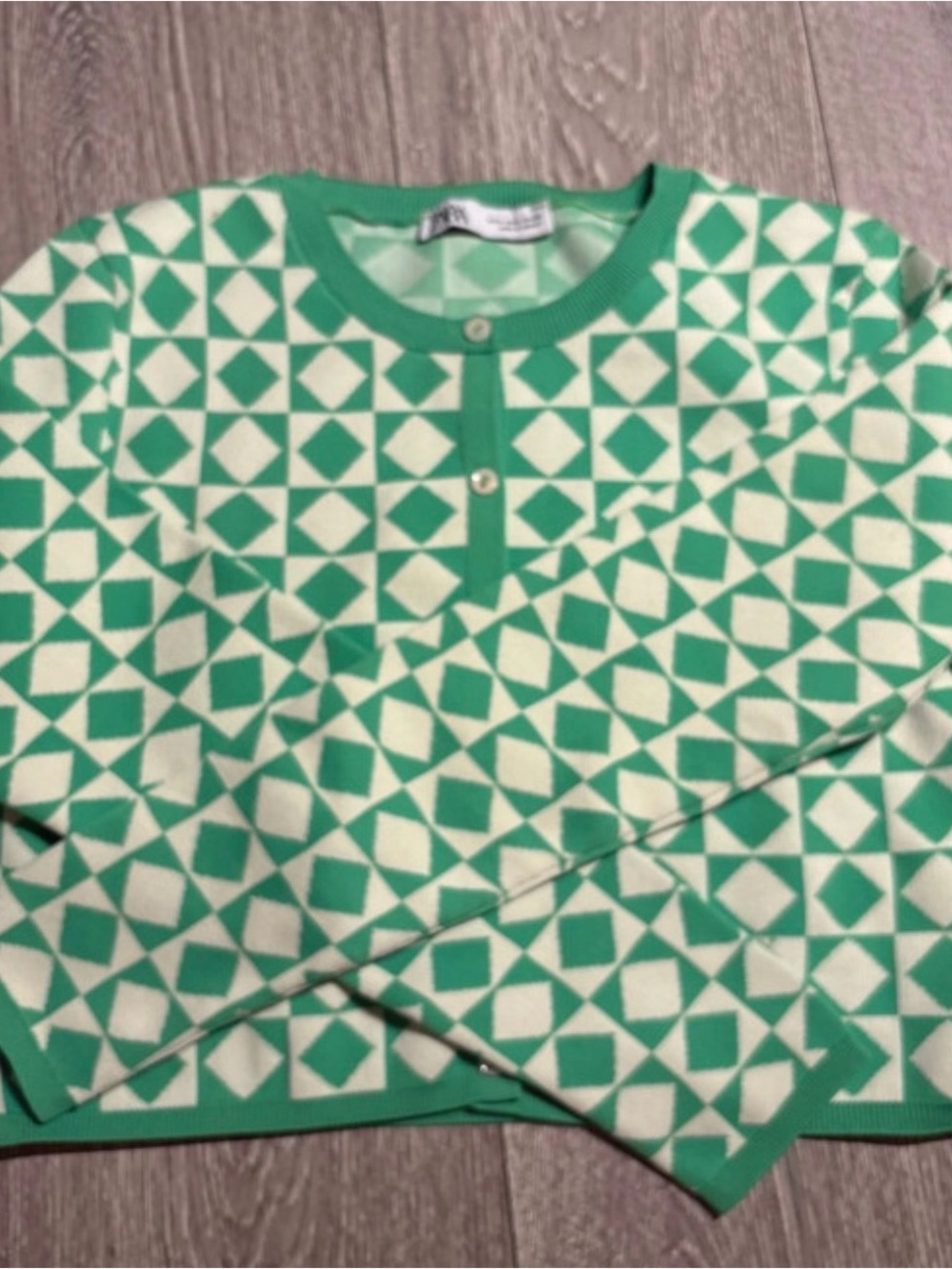 Zara Green and Cream Geometric Knit Cardigan